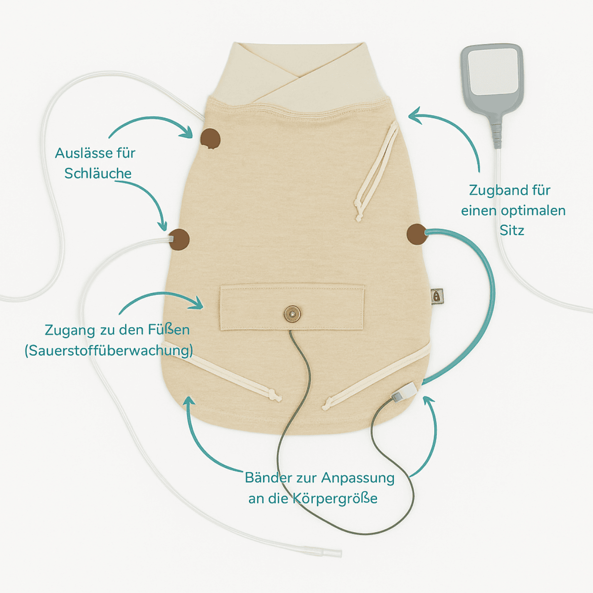 Strampelsack für Frühchen mit medizinischen Zugängen – adaptive Frühchenkleidung 44 mit Auslässen für Schläuche, Sensoren und Zugbändern zur Größenanpassung
