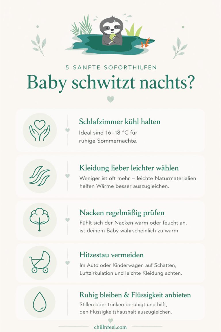 Minimalistische Infografik mit Soforthilfen für Babys, die nachts schwitzen – inklusive Tipps zu Kleidung, Raumtemperatur und Nackencheck
