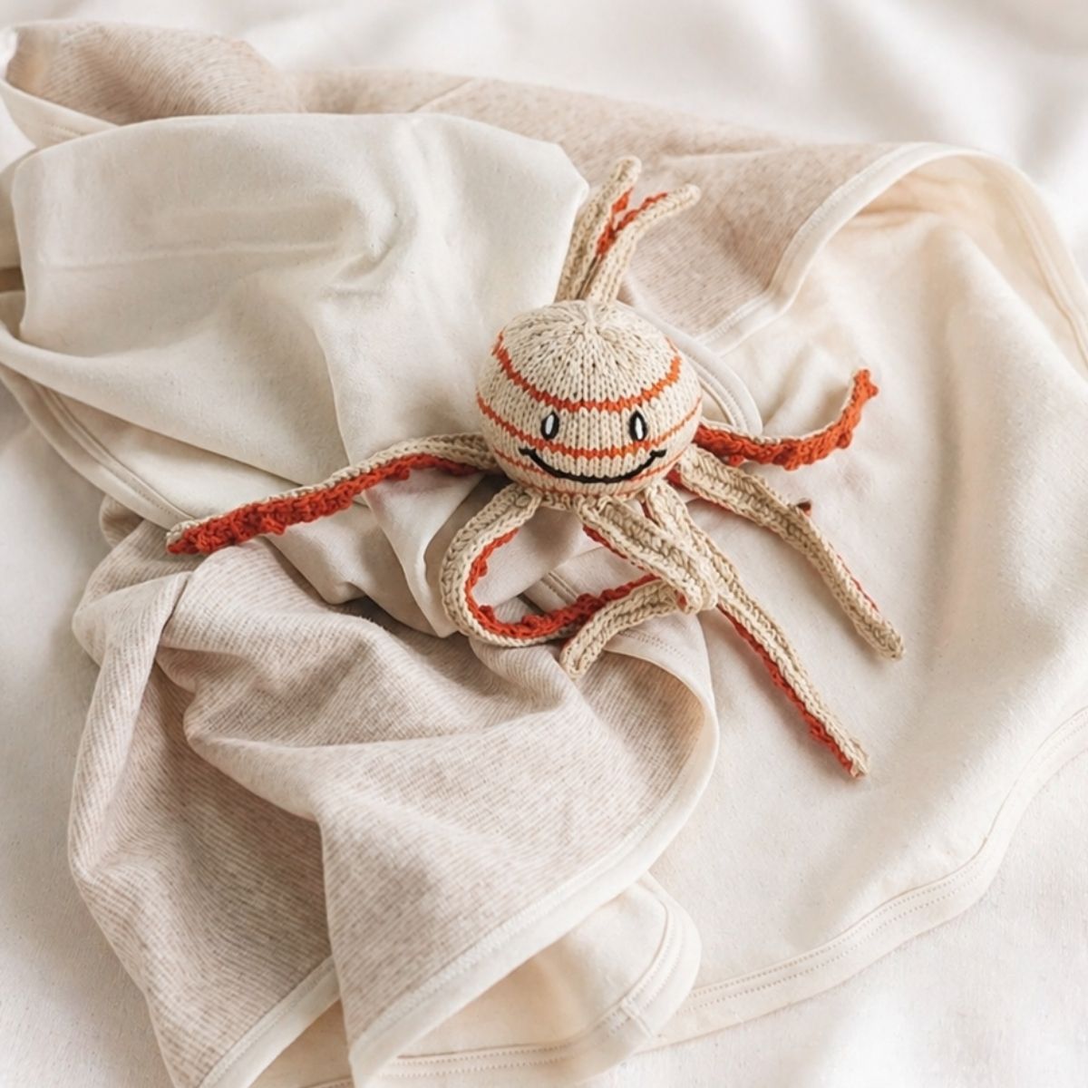 Frühchen Krake auf weicher Babydecke aus Bio-Baumwolle – handgestricktes Oktopus Kuscheltier mit Tentakeln zum Greifen