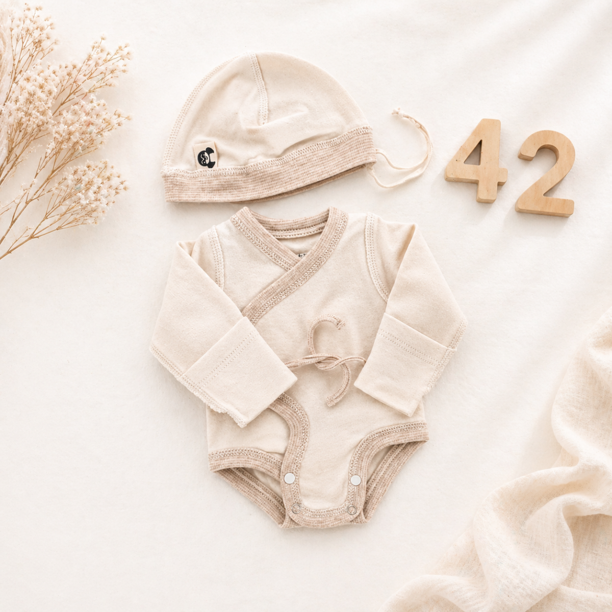 Frühchenkleidung Größe 42 aus Pima Baumwolle – Wickelbody mit Mütze für Frühgeborene