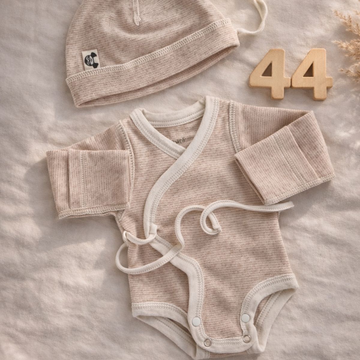 Frühchenkleidung Größe 44 – Wickelbody mit Frühchenmütze aus Pima Baumwolle