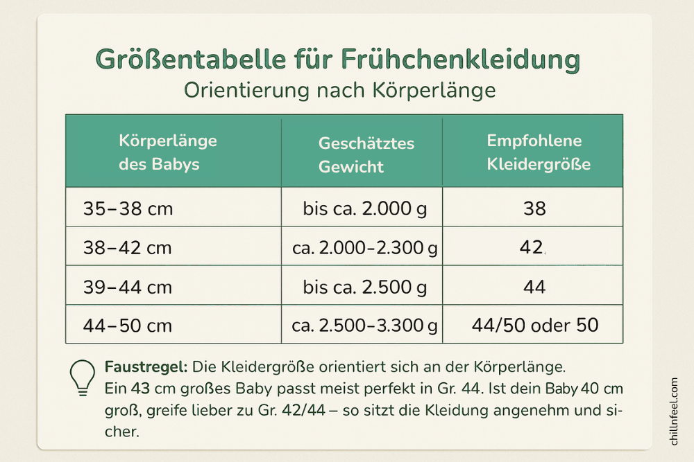 Größentabelle: Frühchenkleidung 44, 42, 38