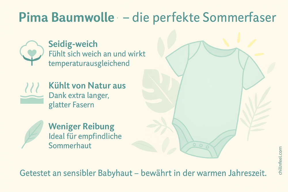 Illustration eines Babybodys aus Pima Baumwolle mit schimmernden Fasern – zeigt, warum Pima Baumwolle bei Neurodermitis im Sommer hilft: kühlend, atmungsaktiv und reizfrei