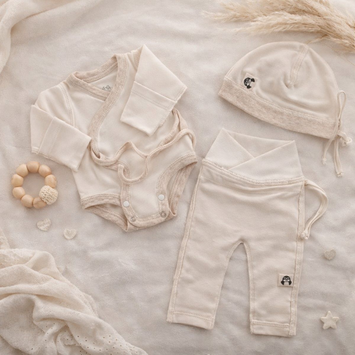 Babyerstausstattung für Frühchen und Neugeborene aus Bio-Baumwolle mit Wickelbody, Babyhose und Mütze