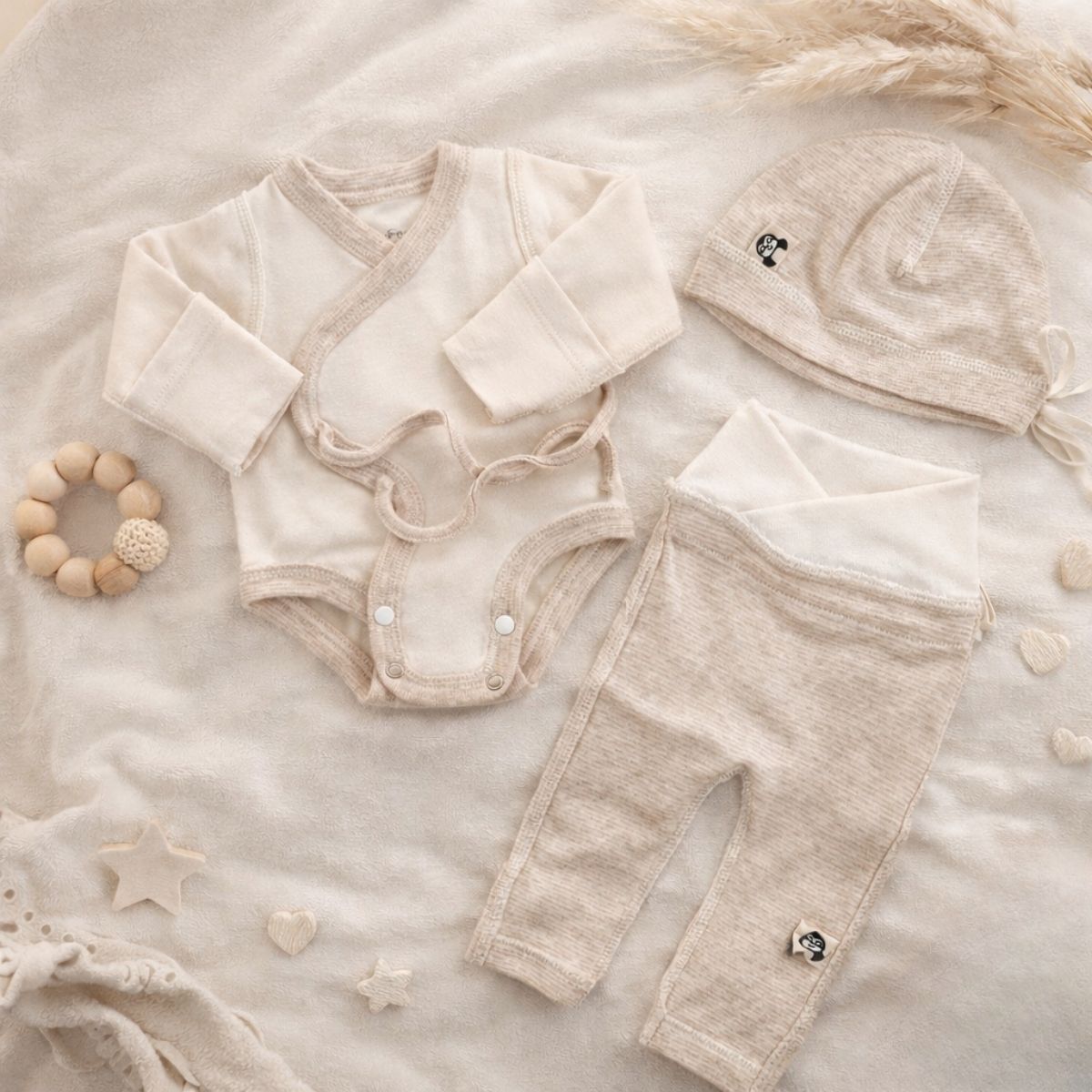 Babyerstausstattung aus Bio-Baumwolle für Neugeborene – Body, Babyhose und Mütze im natürlichen Set