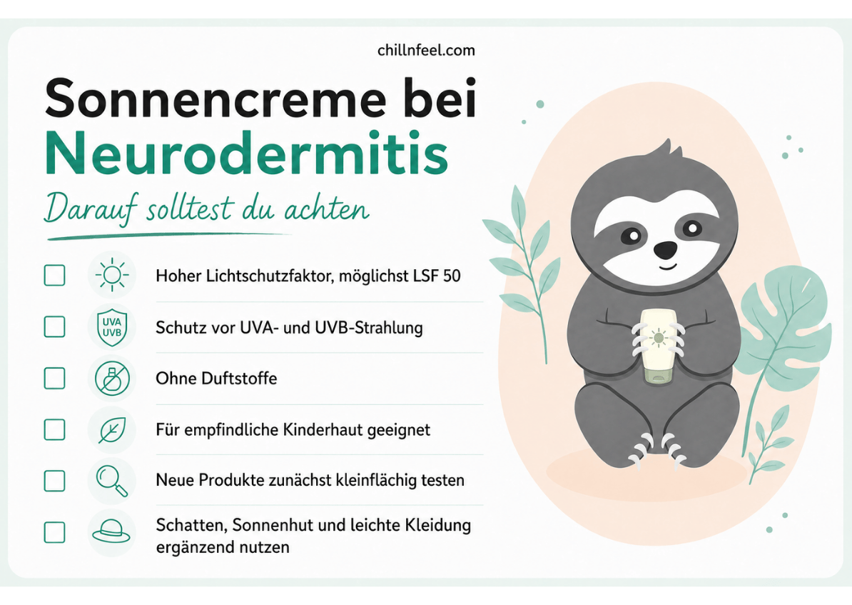 Infografik zur Sonnencreme bei Neurodermitis im Sommer mit sechs Tipps für empfindliche Kinderhaut und Faultier Chilly mit Sonnencreme.
