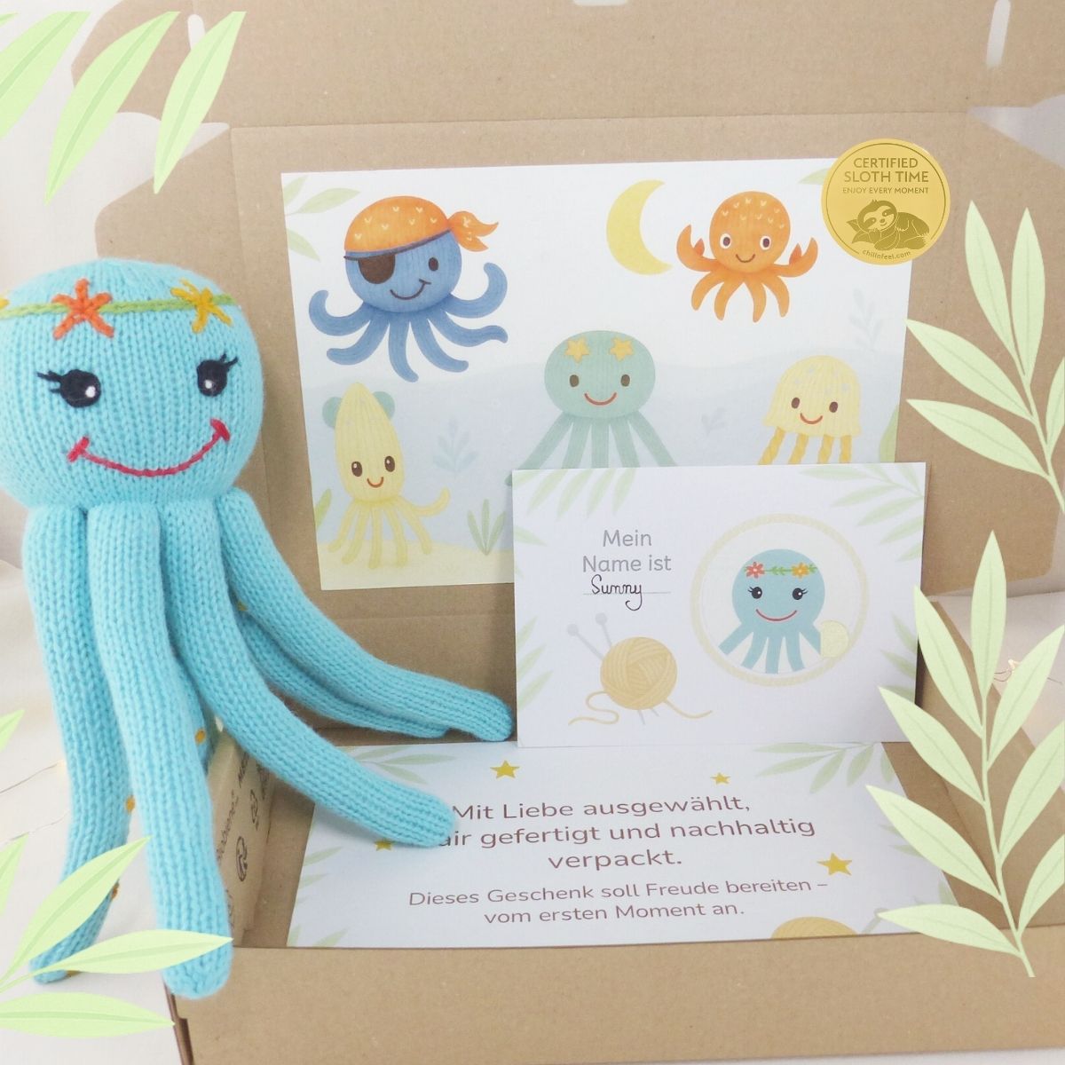 Personalisiertes Kuscheltier Oktopus in Geschenkbox mit Namenskarte