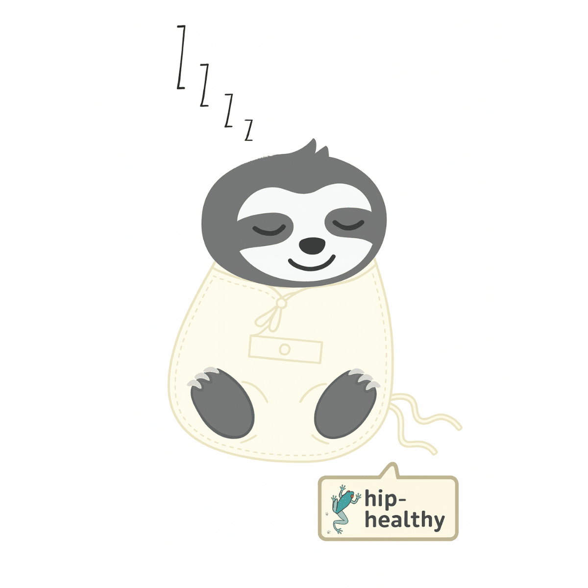 Illustration eines schlafenden Faultiers im Pucksack mit hip-healthy Kennzeichnung