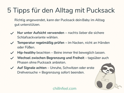Infografik mit 5 Profi-Tipps für den Alltag mit Pucksack, übersichtlich in einer Checkliste dargestellt