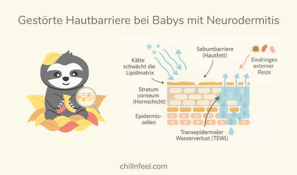 Illustration: Gestörte Hautbarriere bei Babys mit Neurodermitis und Kälte – Lipidmatrix geschwächt, transepidermaler Wasserverlust (TEWL), Eindringen externer Reize.