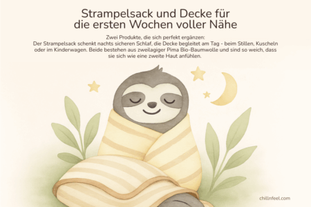 Faultier eingehüllt in Strampelsack und Decke aus Bio-Pima-Baumwolle – zeigt, wie man ein Baby richtig zudecken kann: sicher, warm und geborgen.