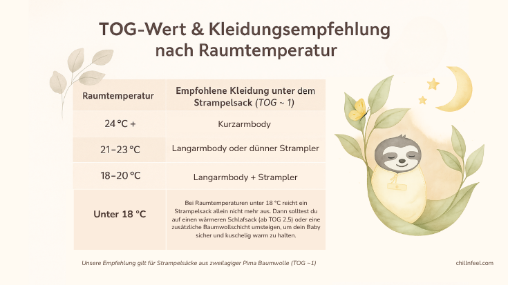 Illustration einer TOG-Tabelle mit Kleidungsempfehlungen für Babys unter verschiedenen Raumtemperaturen. Daneben schläft ein Faultier sanft eingehüllt in einen Strampelsack aus Pima Baumwolle – Symbol für Geborgenheit und sicheren Babyschlaf.