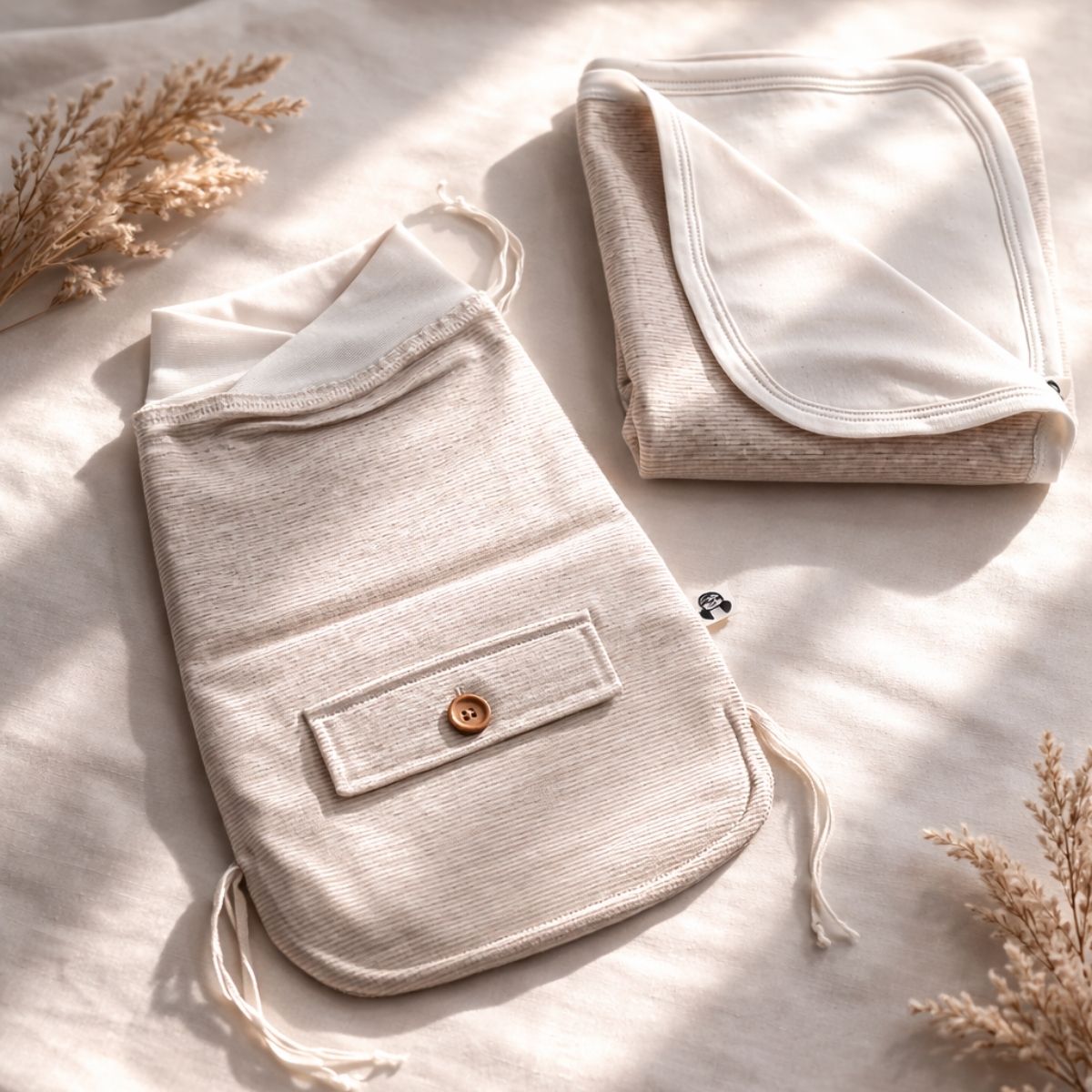 Erstlingsausstattung Set für Babys aus Bio Baumwolle mit Strampelsack und Babydecke in naturfarben