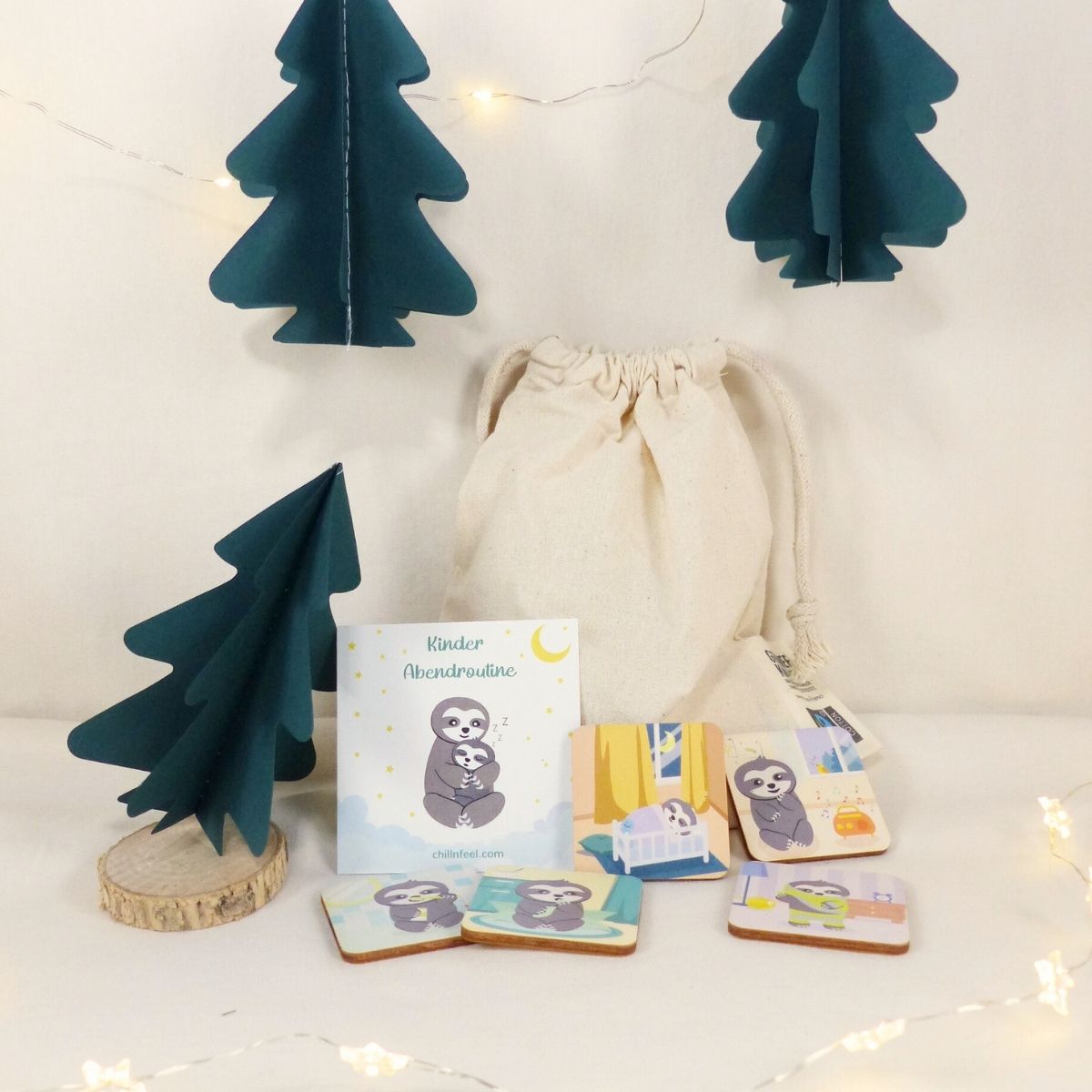 Kinder Abendroutine Set aus Holz mit Eukalyptus-Lichterkette und Weihnachtsbäumen – liebevoll dekoriert von ChillnFeel