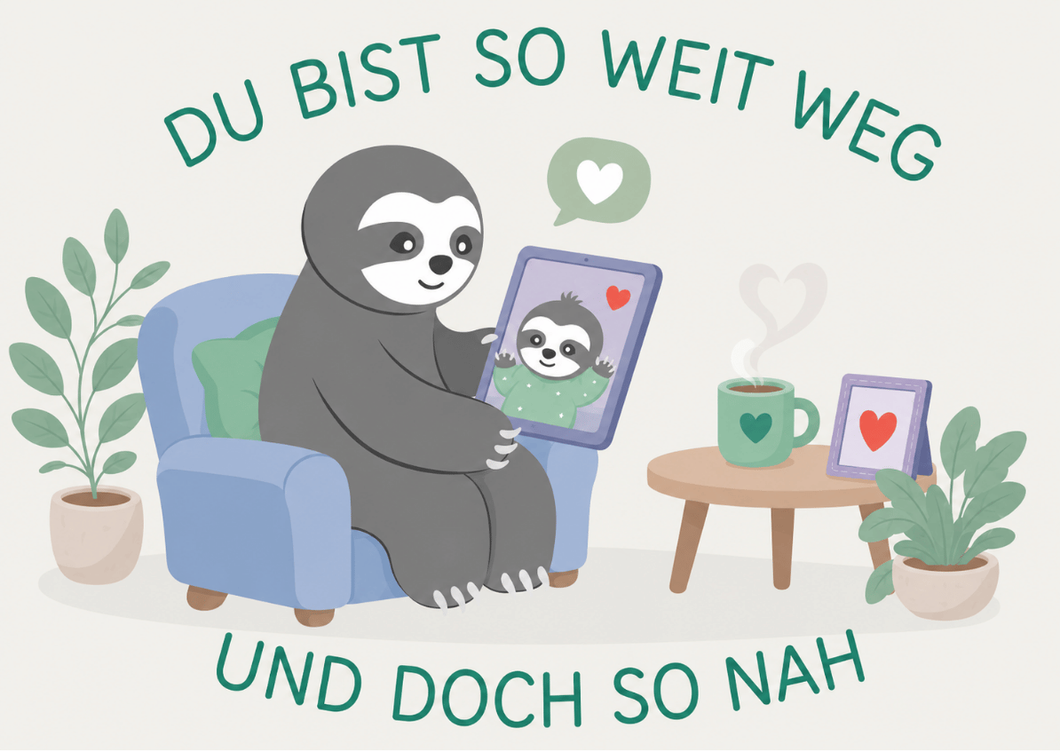 Liebevoll gestaltete Faultier-Grafik zum Thema Kontakt zum Enkel: Eine Oma telefoniert per Videoanruf mit ihrem Enkelkind und zeigt, wie Nähe trotz Entfernung entstehen kann.