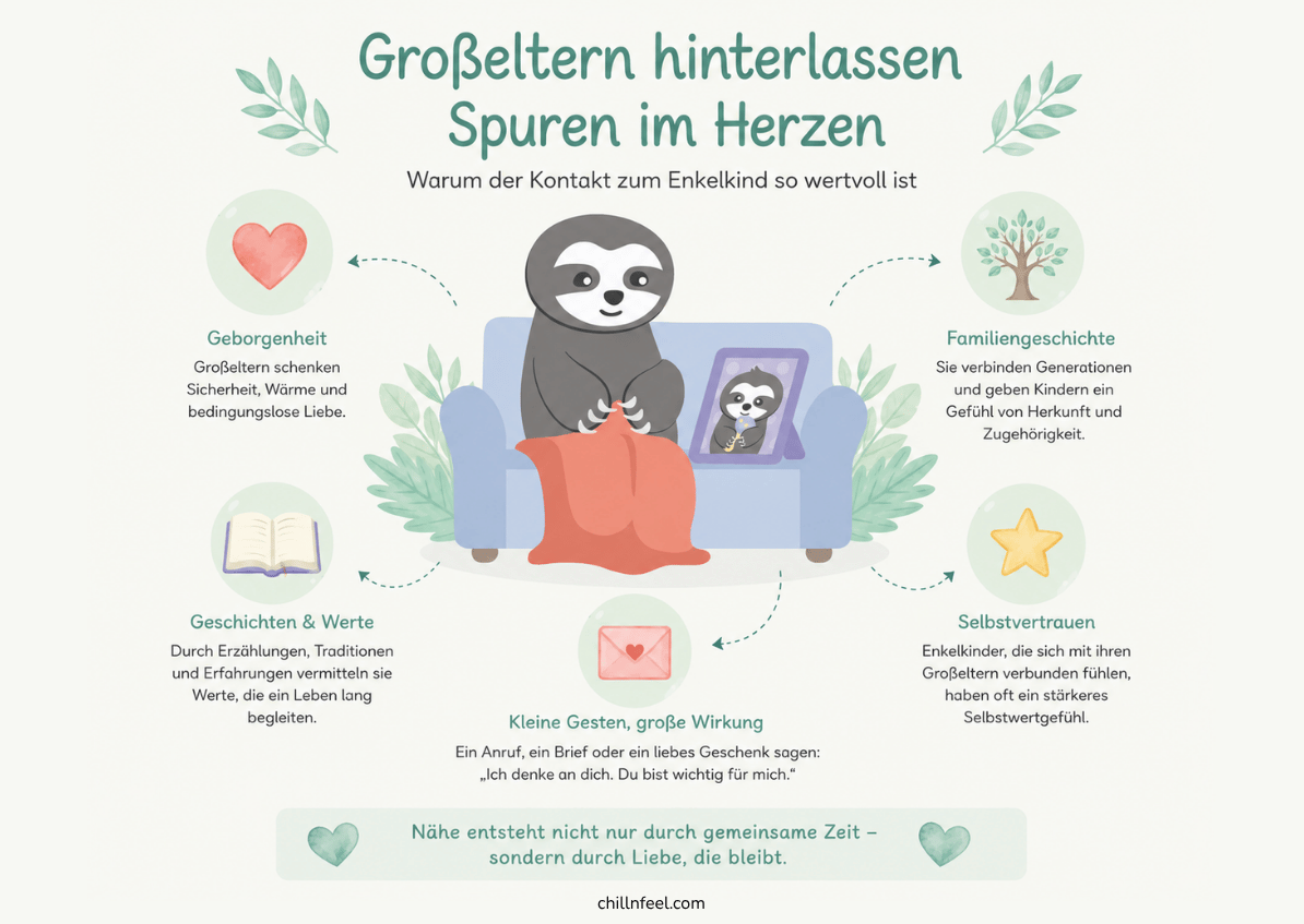 Infografik zum Thema Kontakt zum Enkel: Großeltern schenken Geborgenheit, Familiengeschichte, Werte und stärken das Selbstvertrauen von Enkelkindern.