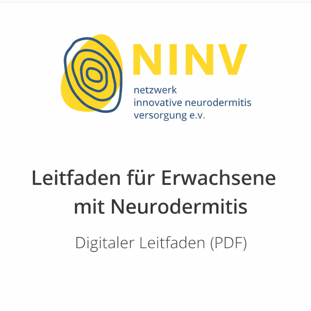 Titelgrafik des NINV-Leitfadens für Erwachsene mit Neurodermitis als digitaler PDF-Ratgeber