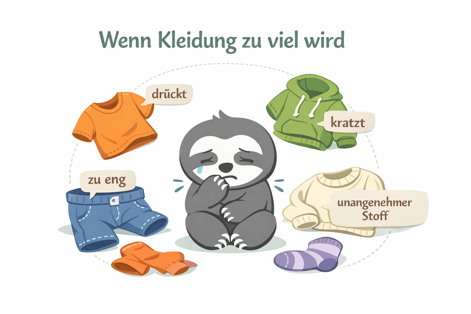 Grafik: Überforderung durch Kleidung bei taktil sensiblen, neurodivergenten Kindern – Kleidungsstücke fühlen sich unangenehm an