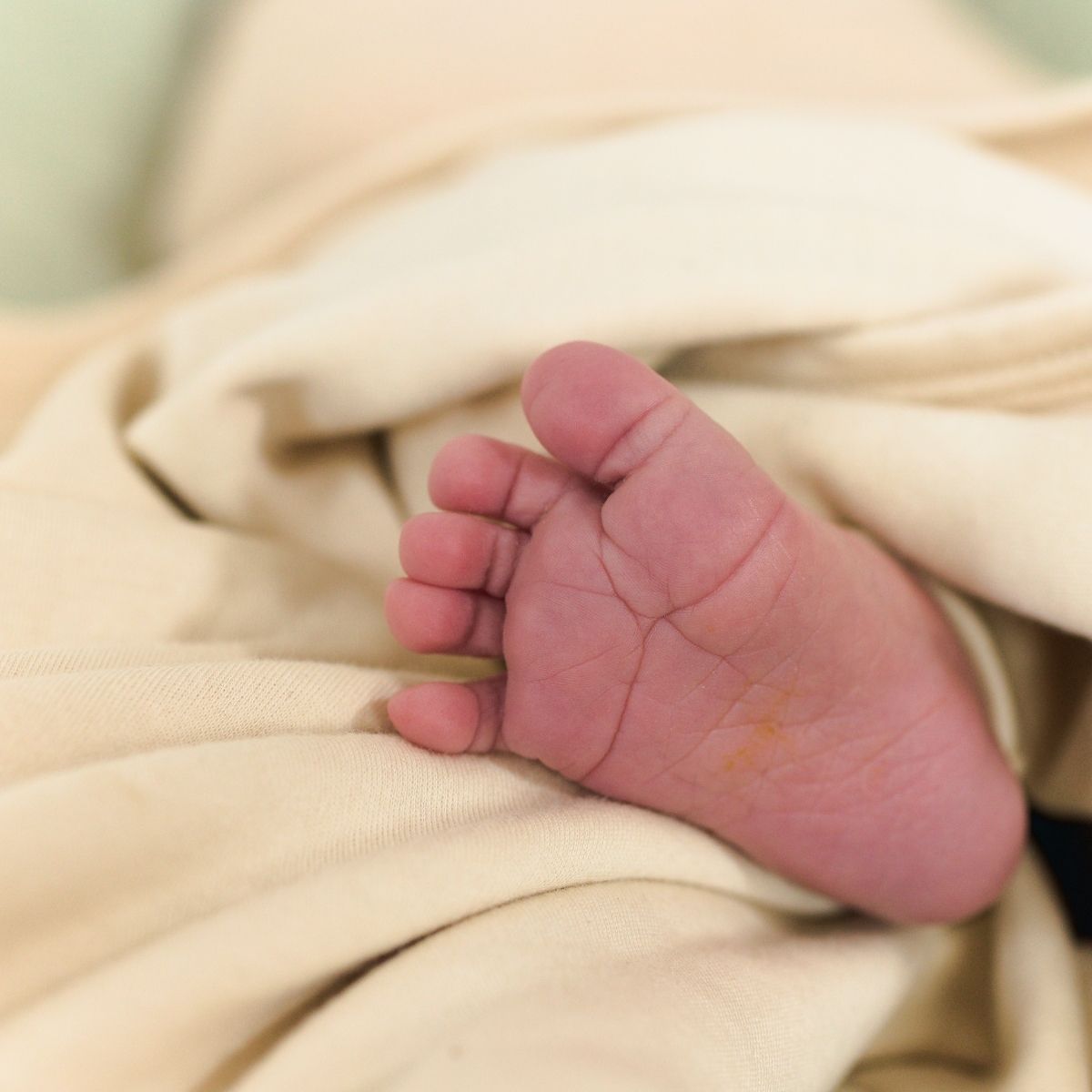 Kleiner Frühchenfuß schaut unter einer weichen Decke hervor – Symbol für Schutz und Nähe