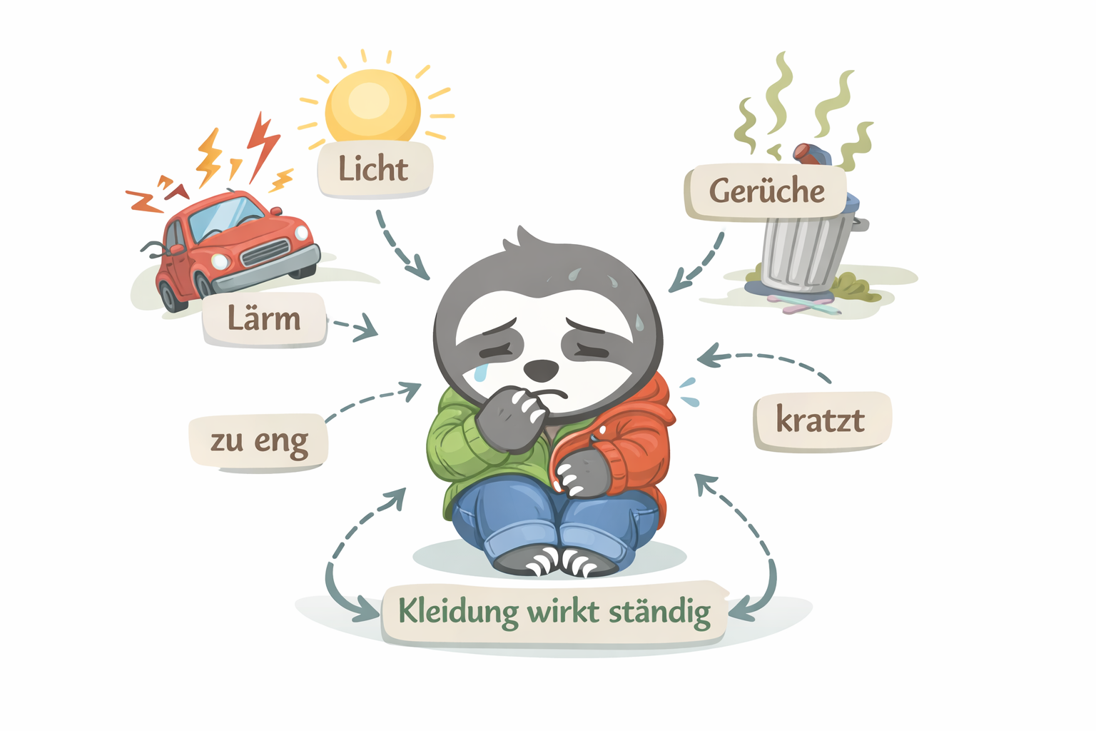 Kleidung bei Reizempfindlichkeit Kinder – Grafik zeigt ein Faultier, das durch kratzende, drückende und enge Kleidung sowie weitere Reize überfordert ist