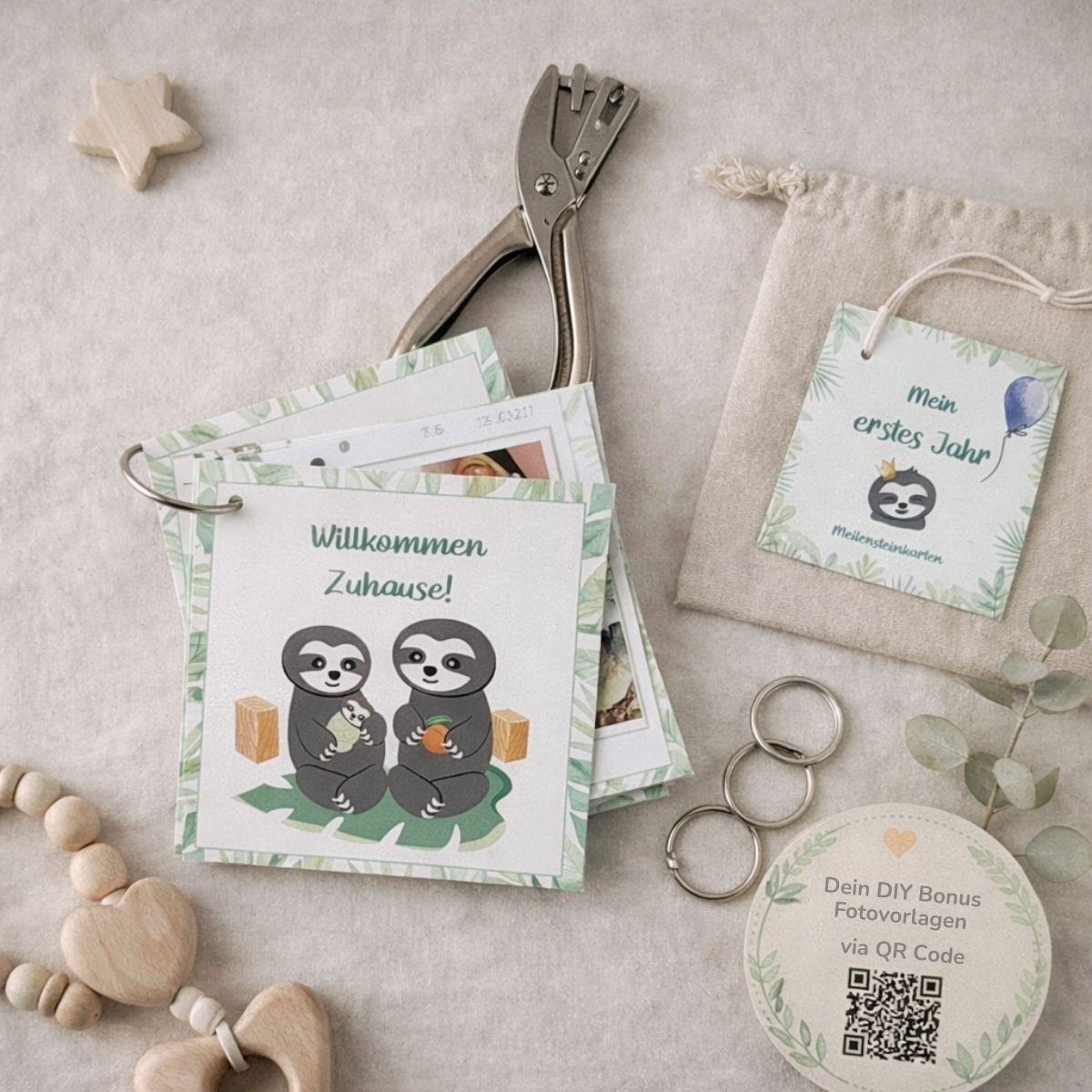 Meilensteinkarten DIY Babyalbum Bundle mit Buchringen und Fotovorlagen via QR-Code