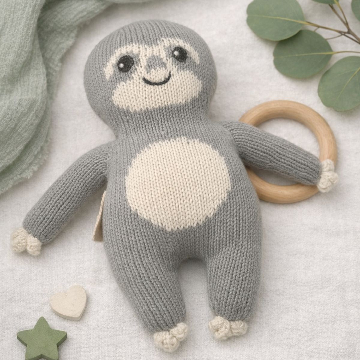 Baby Faultier Chilly aus Bio-Baumwolle als handgestricktes Kuscheltier mit Holzring