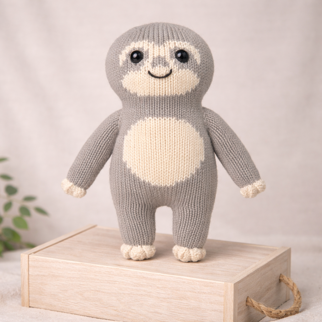 Baby Faultier Chilly aus Bio-Baumwolle als handgestricktes Kuscheltier auf Holzbox