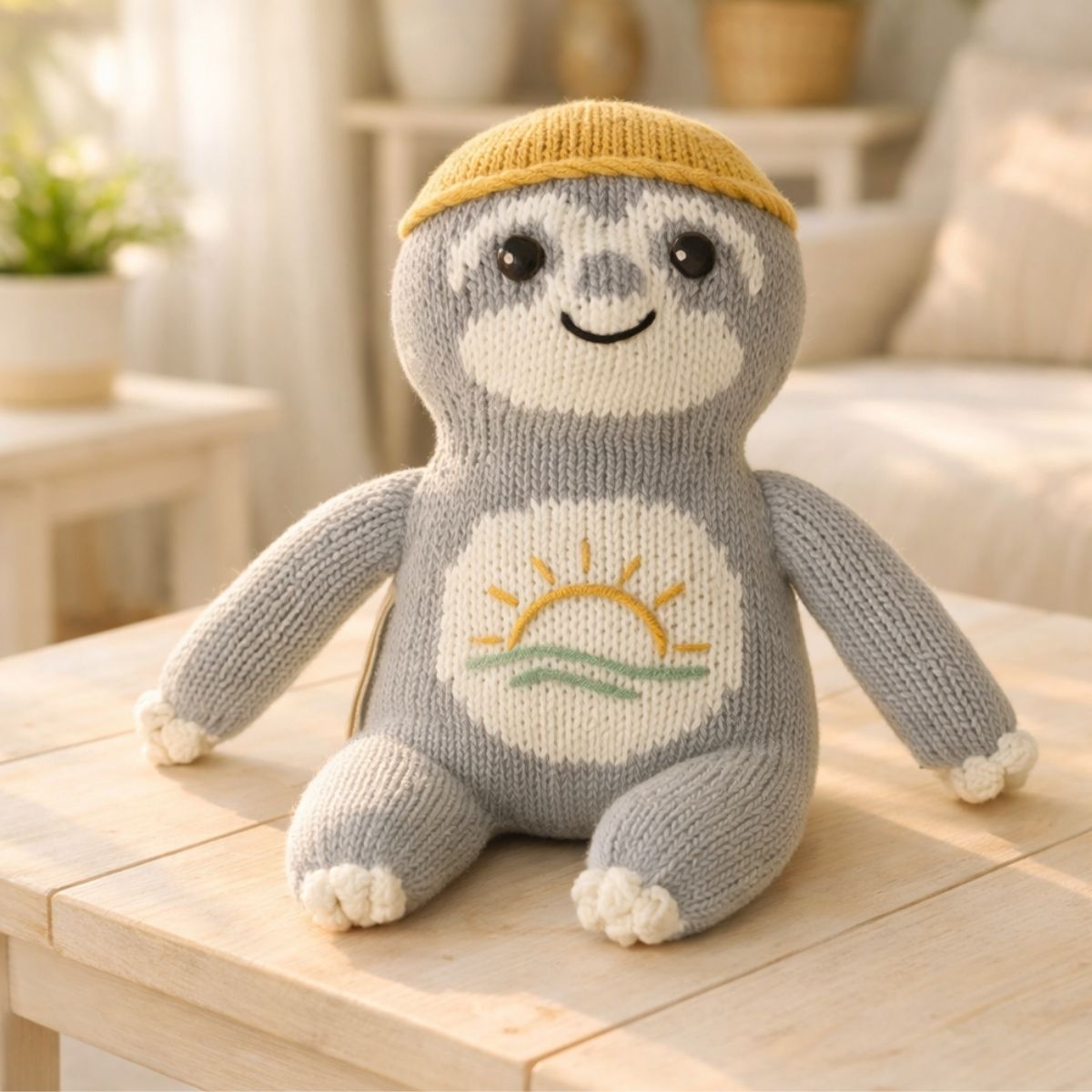 Baby Faultier Kuscheltier aus Strick in hellem, heimeligem Ambiente mit sanften Sonnenstrahlen