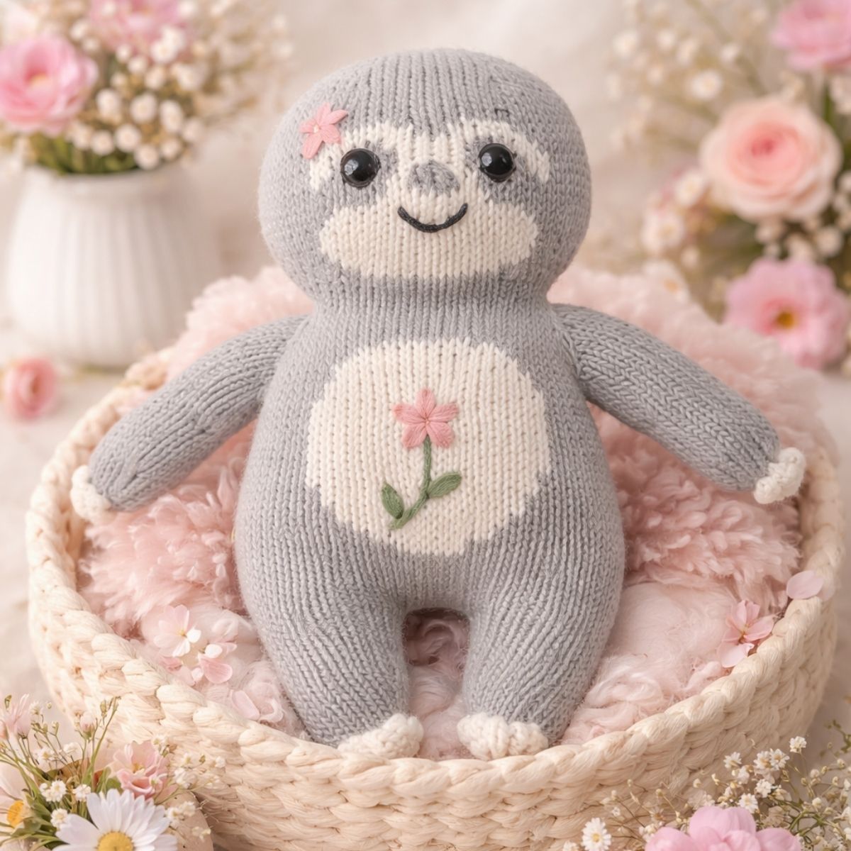 Faultier Stofftier mit Blume als handgestricktes Kuscheltier in rosa Körbchen