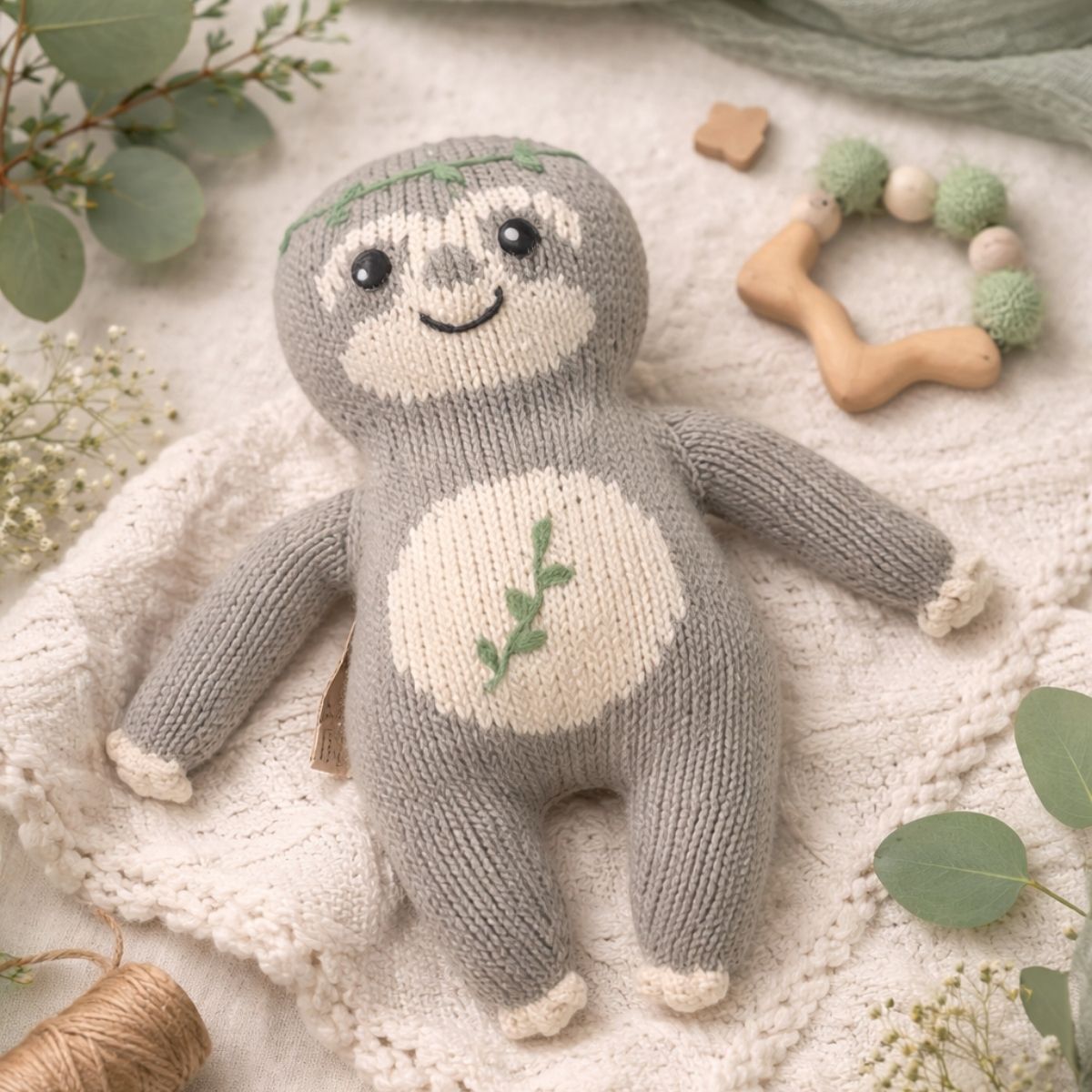 Glücksfauli Natur als handgestricktes Faultier Kuscheltier mit Botschaft auf weicher Decke