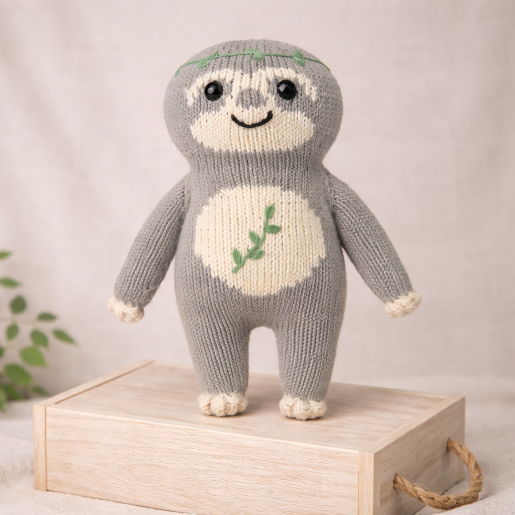 Glücksfauli Natur als handgestricktes Kuscheltier Faultier mit Botschaft auf Holzbox