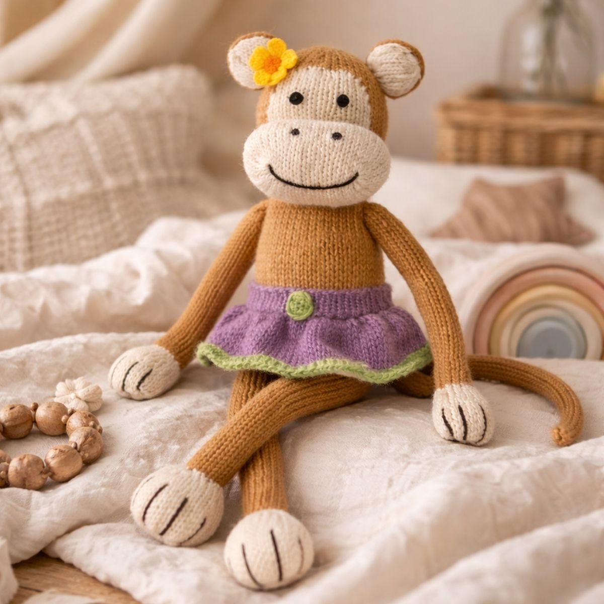 Kuscheltier Affe Baby handgestrickt aus Bio Baumwolle im Bett mit weicher Decke