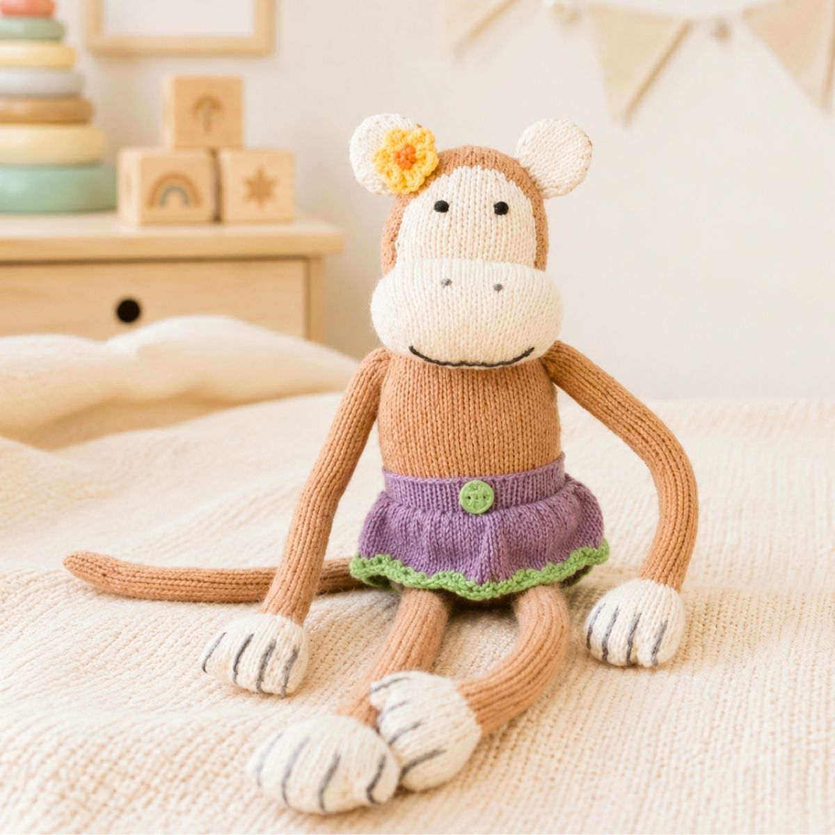 Kuscheltier Affe Baby handgestrickt aus Bio Baumwolle im Bett mit weicher Decke
