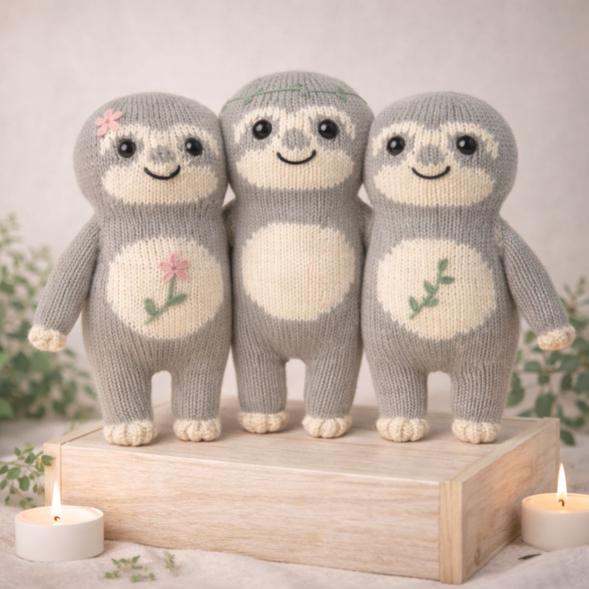 Bio Kuscheltiere Set aus Faultieren und weiteren handgestrickten Begleitern Handgestrickte Bio Kuscheltiere mit Faultier und weiteren liebevollen Begleitern