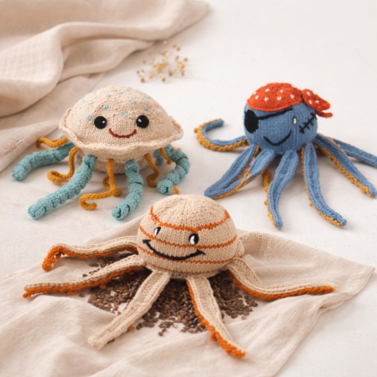 Kuscheltiere mit Wärmekissen für Babys aus Bio Baumwolle – Oktopus und Qualle mit Traubenkernfüllung