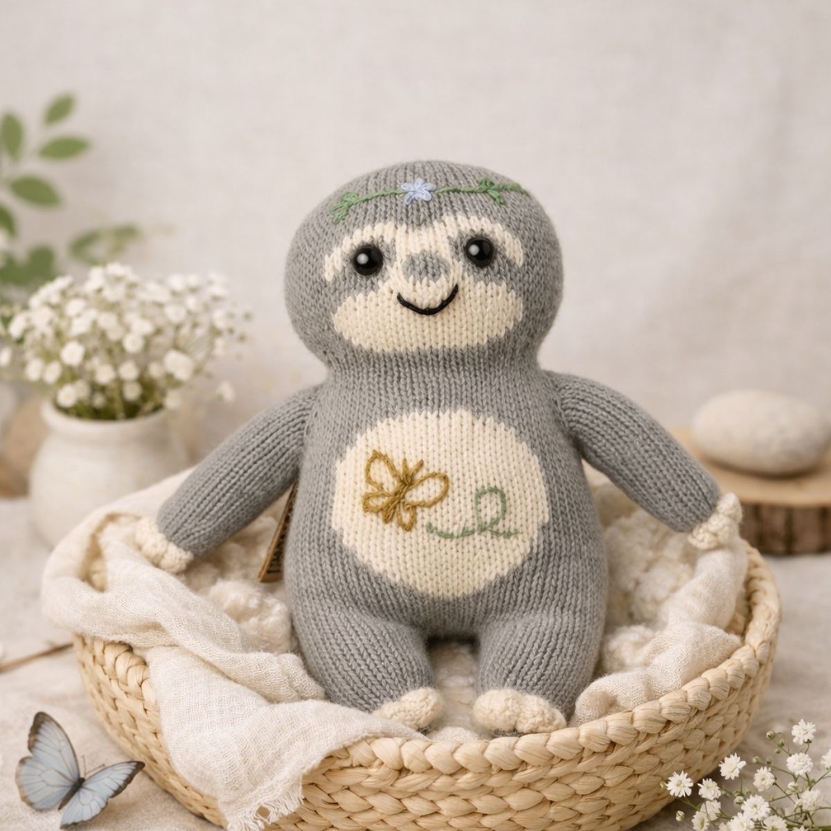 Stofftier Faultier aus Bio-Baumwolle mit Schmetterling auf dem Bauch in liebevollem, natürlichem Mockup