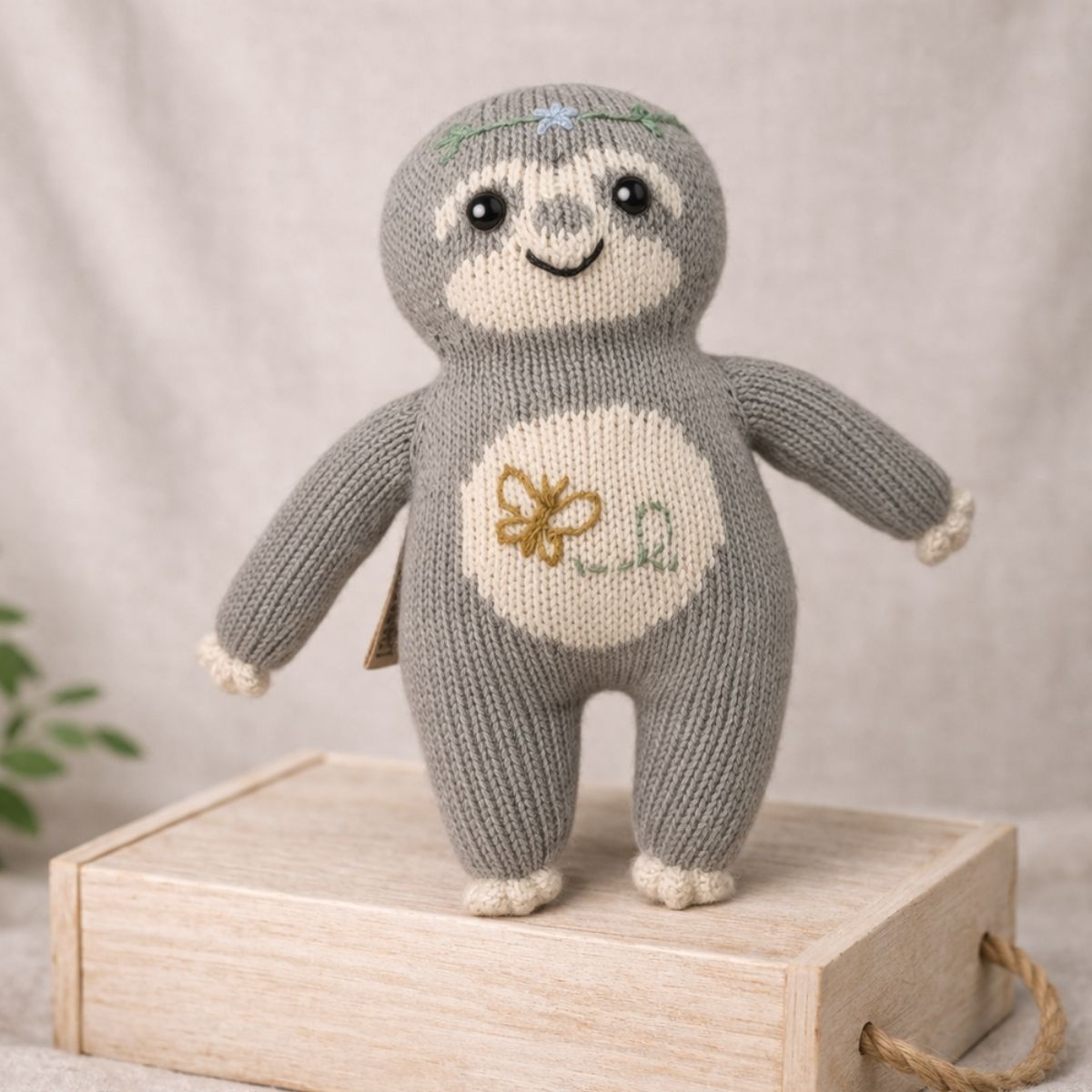 Stofftier Faultier Schmetterlings-Fauli als handgestricktes Kuscheltier auf Holzbox