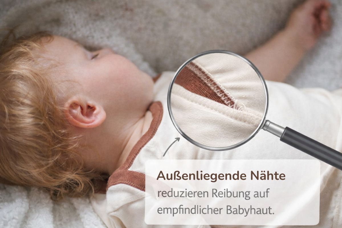 Babybody mit außenliegenden Nähten reduziert Reibung bei trockener Babyhaut und Ekzemen