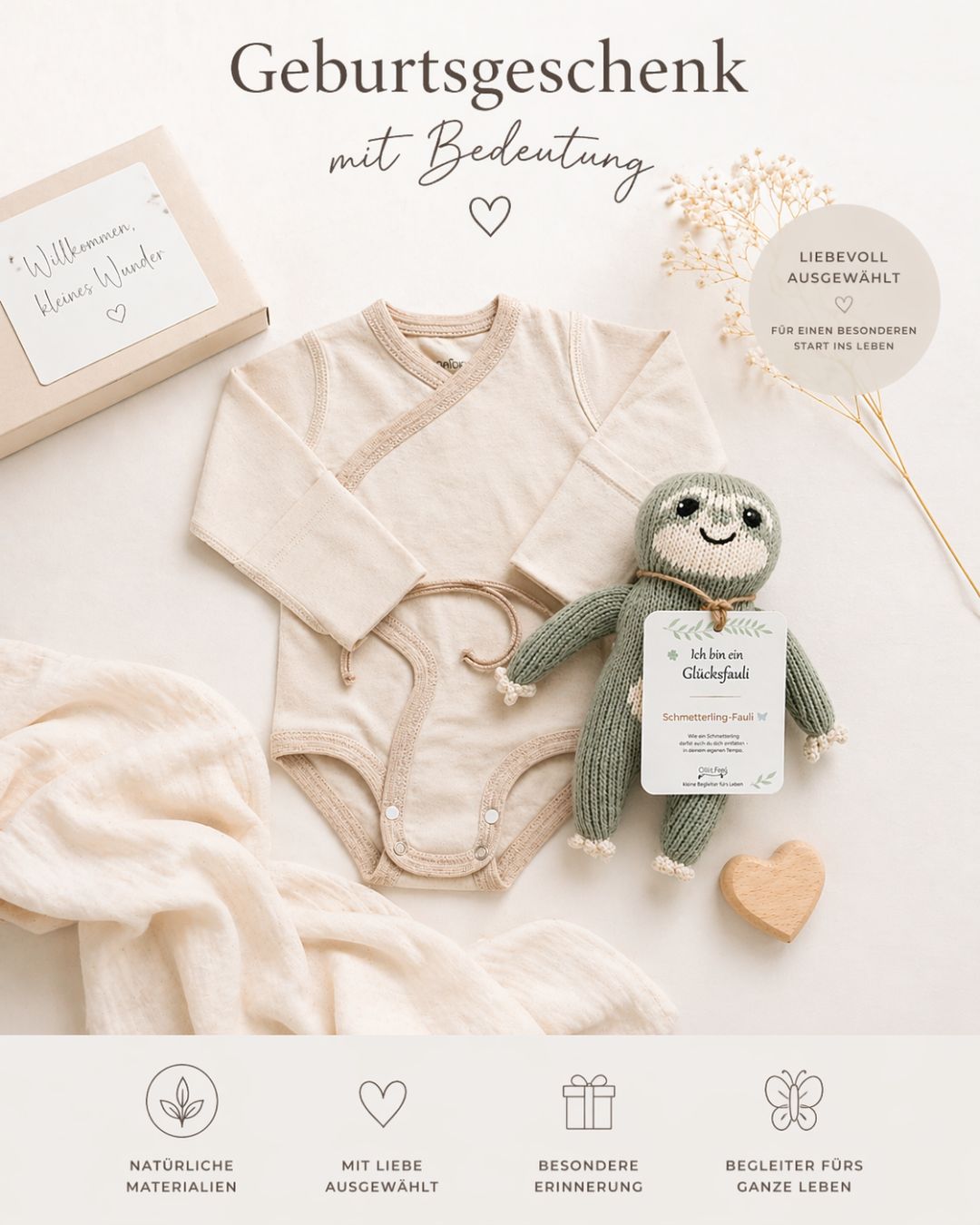 Geburtsgeschenk mit Bedeutung – Babybody aus Pima Baumwolle und Glücksfauli Kuscheltier