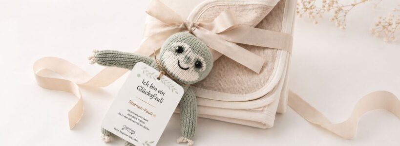 Geburtsgeschenk mit Bedeutung aus Babydecke und handgestricktem Faultier mit Hangtag in heller natürlicher Geschenkinszenierung