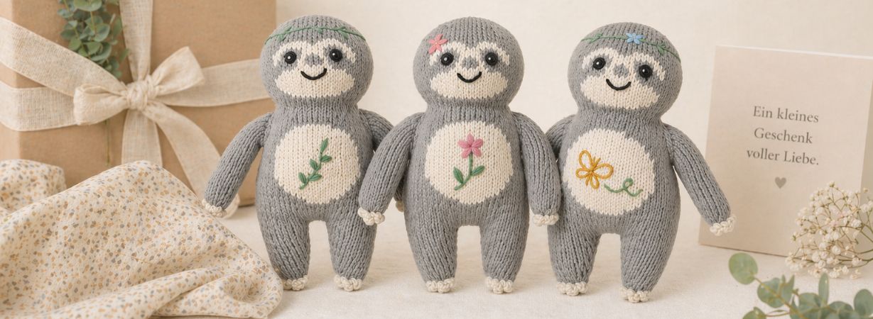 Handgestrickte Faultier Kuscheltiere mit Bedeutung als Geburtsgeschenk in natürlichem Setting