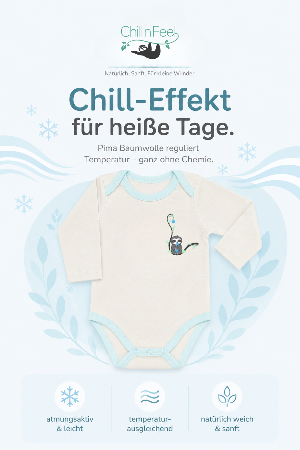 Leichter Babybody aus Pima Baumwolle für heiße Tage mit kühlender Sommergrafik und Tipps bei starkem Schwitzen
