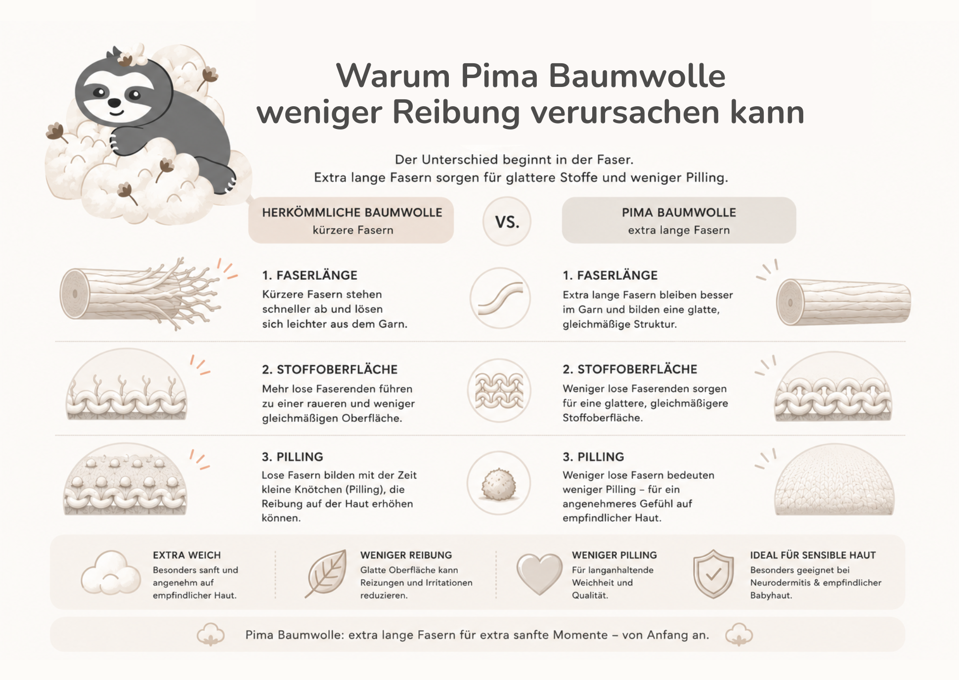Infografik zum Unterschied zwischen herkömmlicher Baumwolle und Pima Baumwolle mit Fokus auf Faserlänge, Pilling und hautfreundliche Stoffoberflächen