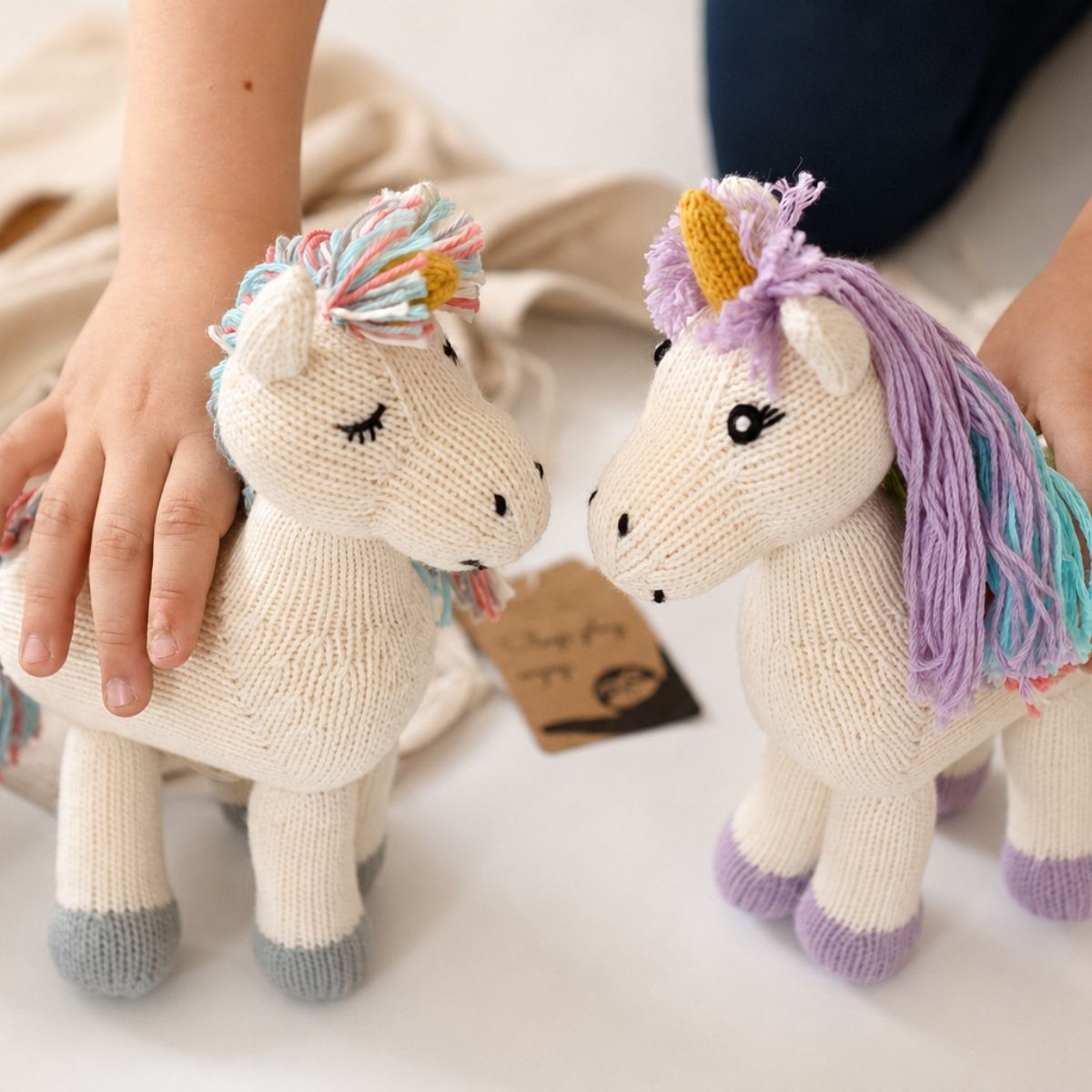 Zwei handgemachte Bio Kuscheltier Einhörner aus Baumwolle werden von Kinderhänden gehalten