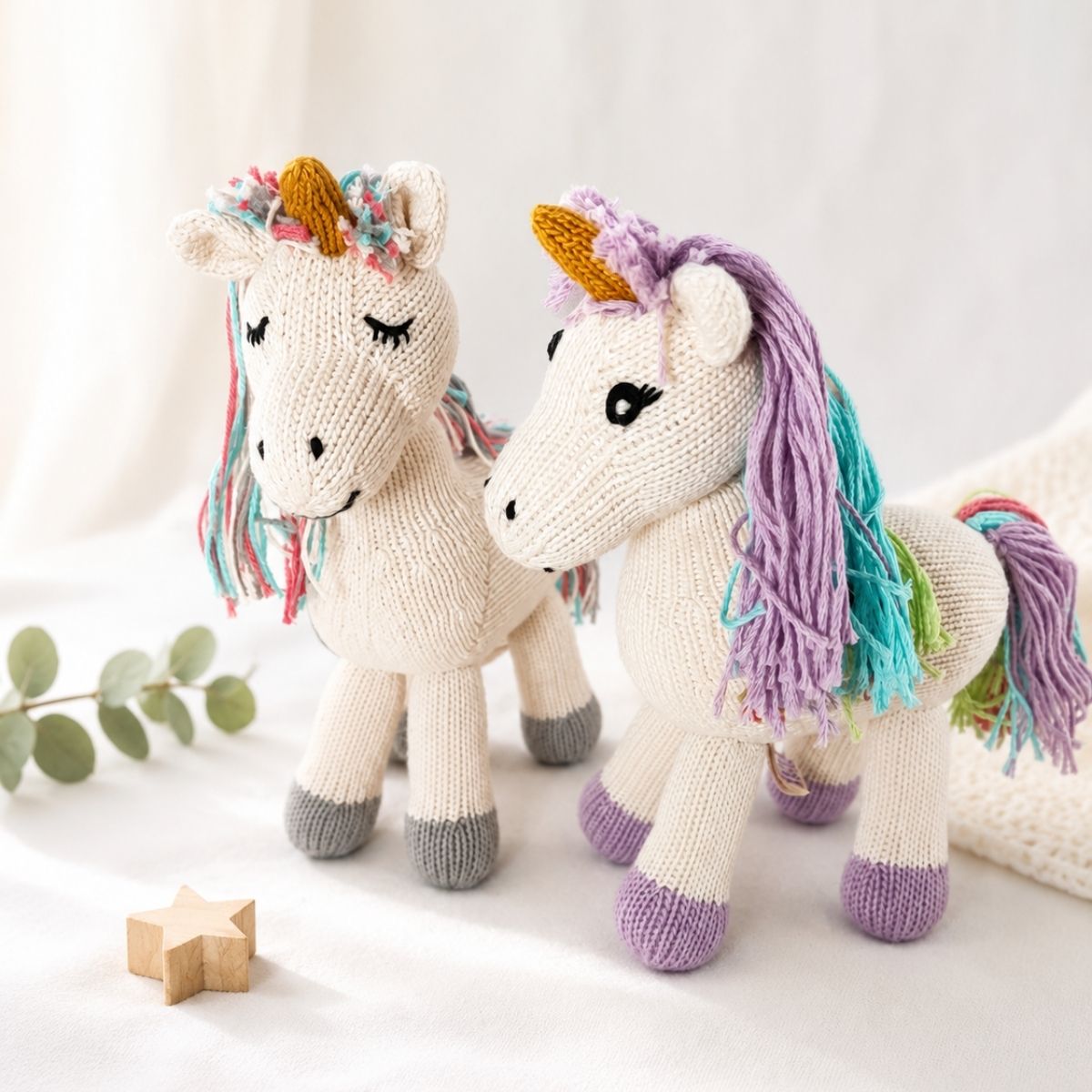 Zwei handgestrickte Einhorn-Kuscheltiere aus Bio-Baumwolle als liebevolle Geschwister Kuscheltiere zur Geburt eines Babys.