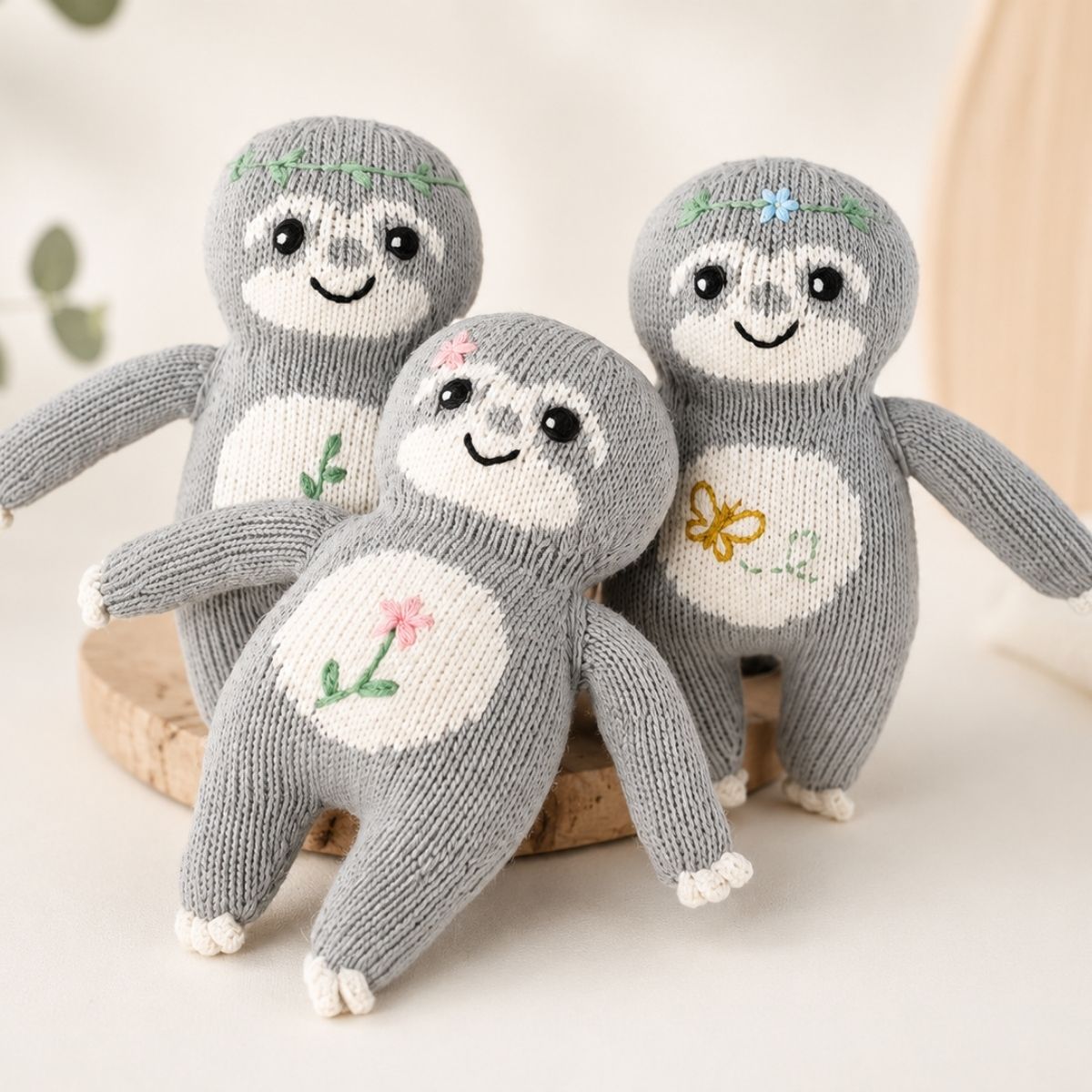 Drei handgestrickte Faultier Kuscheltiere aus Bio-Baumwolle als Geschenk für Drillinge oder Mehrlinge