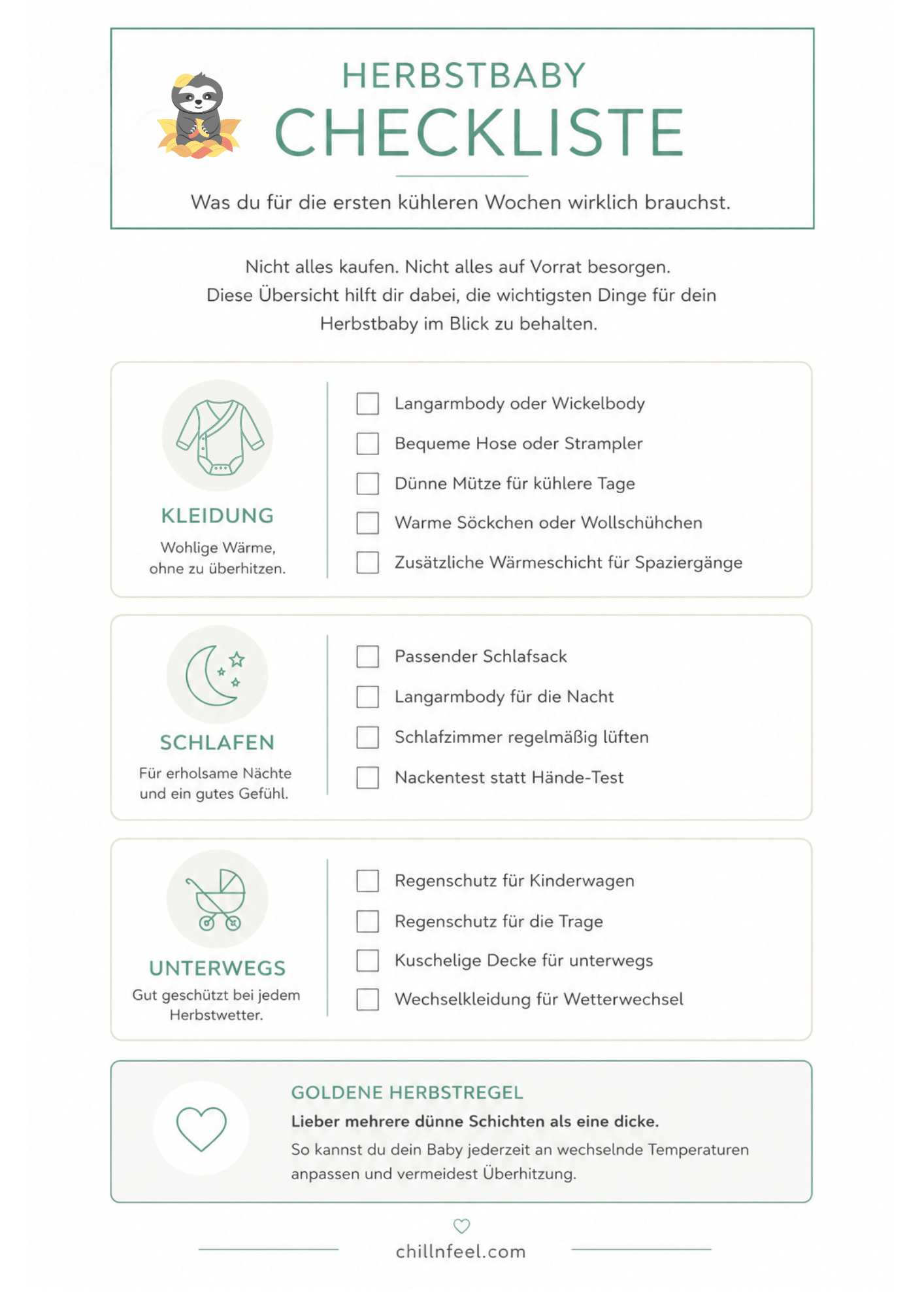 Minimalistische Herbstbaby Checkliste mit Kleidung, Schlaf- und Unterwegs-Essentials für die ersten kühleren Wochen mit Baby.