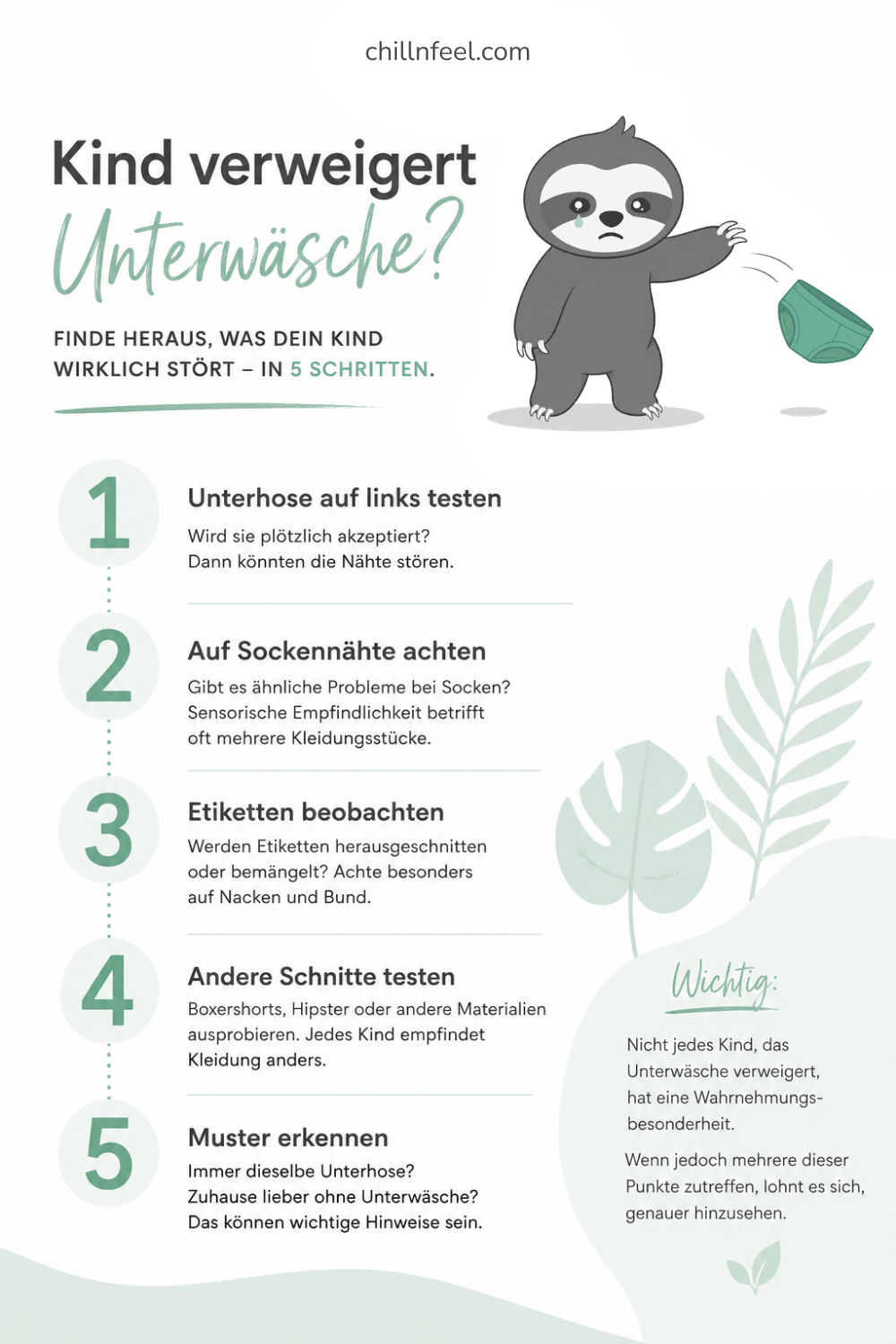 Kind verweigert Unterwäsche – Infografik mit 5 Schritten, um sensorische Empfindlichkeit und Nahtempfindlichkeit zu erkennen