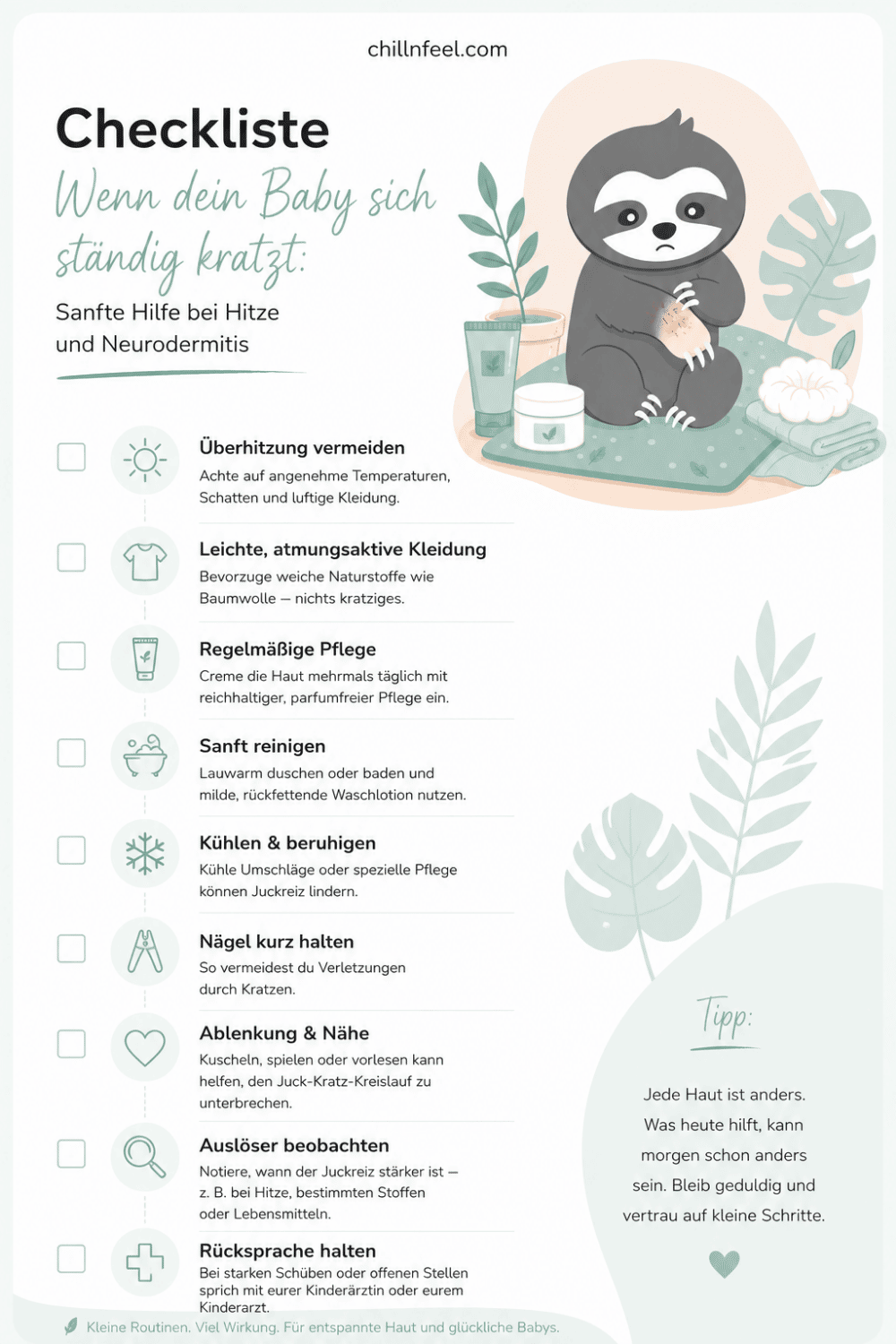 Checkliste mit sanften Sofortmaßnahmen, wenn sich ein Baby bei Hitze und Neurodermitis ständig kratzt