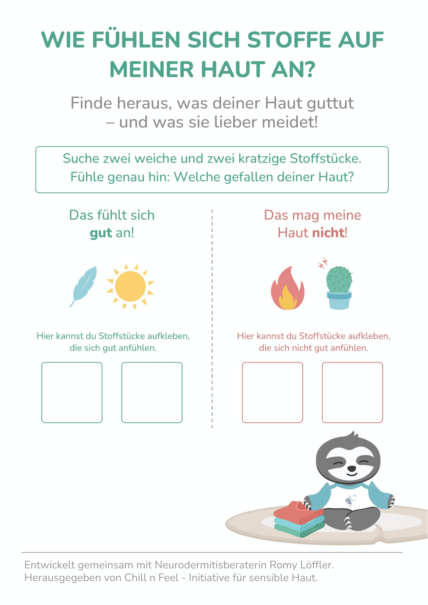 Kostenlose Übung für Kinder mit taktiler Wahrnehmungsstörung, um verschiedene Stoffe spielerisch zu fühlen, zu vergleichen und aufzukleben.